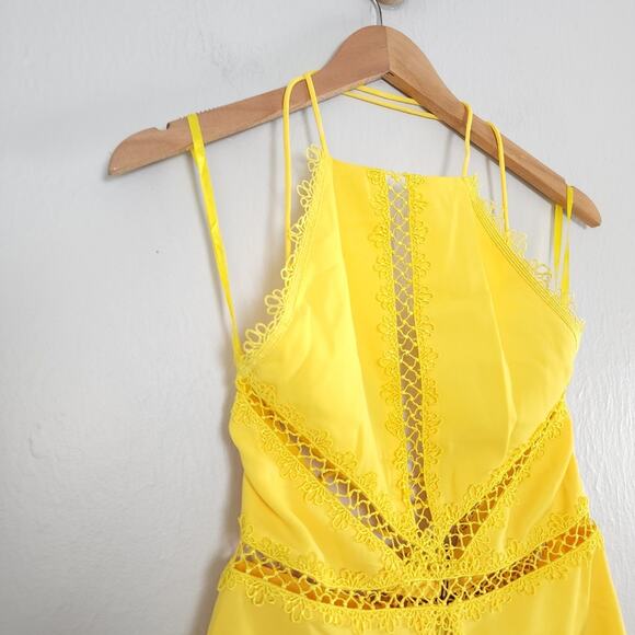 NBD Revolve Chels Halter Lace-Up Back Mini Dress Yellow Lattice Cutout S NWT - Picture 10 of 12